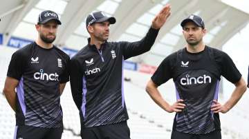 Chris Woakes, James Anderson and Mark Wood.