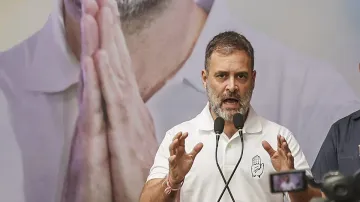 Congress leader Rahul Gandhi addresses a party workers convention.