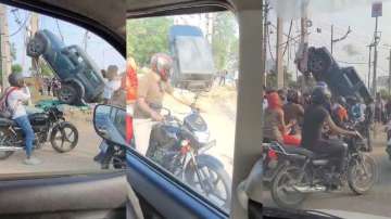 Thar SUV climbs electric pole