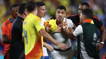 Luis Suárez amid a verbal conflict with a Colombian player during the Copa America 2024 semifinal.