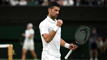 Novak Djokovic celebrates after defeating Lorenzo Musetti in the Wimbledon 2024 semis.