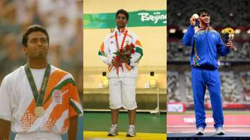 Leander Paes (left), Abhinav Bindra (middle) and Neeraj Chopra (right).