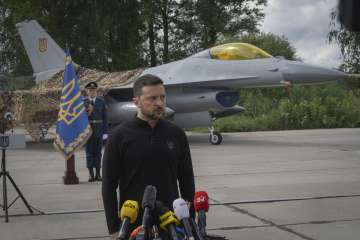 Ukraine President Volodymyr Zelenskyy while addressing media 