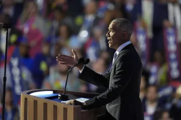 Former President Barack Obama speaks during the Democratic National Convention Tuesday