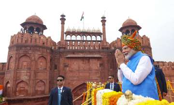 Prime Minister Narendra Modi gestures after he addressed the nation during Independence Day celebrat