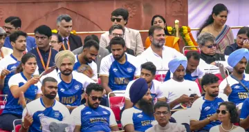 Leader of Opposition in Lok Sabha Rahul Gandhi with the Paris Olympics 2024 medal winning contingent and others during the 78th Independence Day celebration at the Red Fort