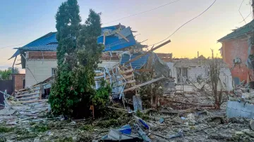 A amaged house after shelling by the Ukrainian side in the city of Sudzha, Kursk region that borders