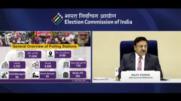 Chief Election Commissioner Rajiv Kumar addressing a press conference.
