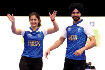 Manu Bhaker and Sarabjot Singh at the Paris Olympics 2024