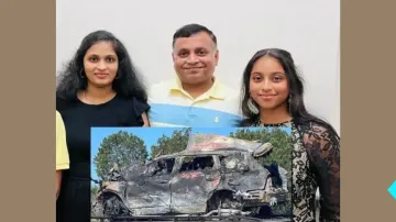 Arvind (C) and Pradeepa (L) and their daughter (R) 