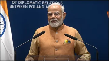 Prime Minister Narendra Modi at the community gathering in Warsaw, Poland.