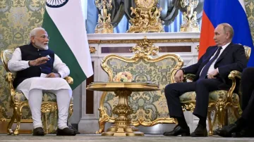 PM Modi with Putin in Moscow.