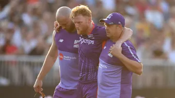 Ben Stokes had to be carried off the field after he pulled up his hamstring during the Hundred match between the Northern Superchargers and the Manchester Originals