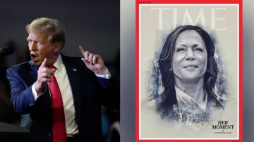 Former US President Donald Trump (L) and Time's latest cover story on Kamala Harris is headlined 'Her Moment' (R)