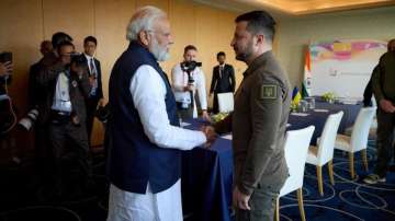 Ukraine's President Volodymyr Zelensky and Indian Prime Minister Narendra Modi shake hands during th