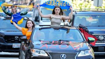 Ukrainian supporters protest before the start of the Democratic National Convention