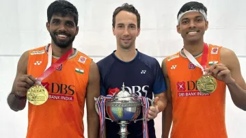 Mathias Boe with Satwiksairaj Rankireddy and Chirag Shetty.