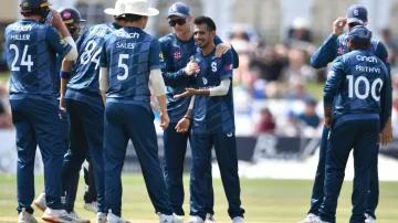 Yuzvendra Chahal celebrates with his teammates.