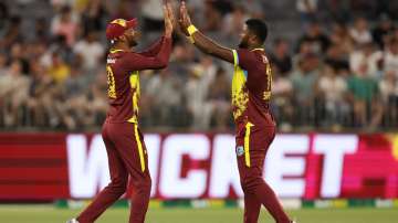 Romario Shepherd celebrates a wicket with Roston Chase.