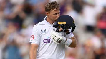 Joe Root celebrates after his 33rd Test hundred.