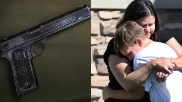 Neighbours hug after a 5-year-old boy accidentally shot himself with a handgun he found in his parent's bedroom, in Santaquin, Utah (R)