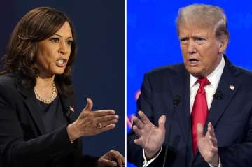 Democratic vice presidential candidate Sen. Kamala Harris, D-Calif., speaks during a debate, Oct. 7, 2020, in Salt Lake City, left, and Republican presidential candidate former President Donald Trump speaks during a debate, June 27, 2024