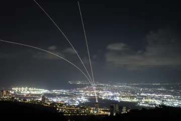 Israel’s Iron Dome missile defence system intercepts rockets fired from Lebanon as seen from norther