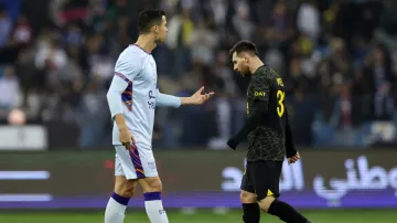 Lionel Messi and Cristiano Ronaldo during PSG vs Riyadh XI Winter Tour game last year