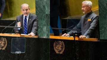 EAM S Jaishankar (R) and Pakistan PM Shehbaz Sharif (L) at UNGA.