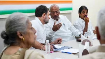 Congress President Mallikarjun Kharge, Leader of Opposition in Lok Sabha Rahul Gandhi