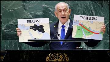 Israel's Prime Minister Benjamin Netanyahu shows two maps while addressing the 79th United Nations General Assembly.