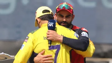 Virat Kohli and MS Dhoni during toss of RCB vs CSK clash in IPL 2021