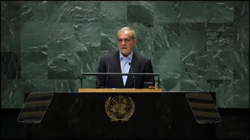 Iran's President Masoud Pezeshkian addresses the 79th United Nations General Assembly at UN General Assembly.