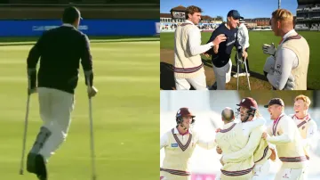 Tom Banton was literally on crutches as he couldn't hold himself back from celebrating alongside his Somerset teammates 