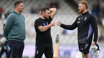 Rob Key, Brendon McCullum and Ben Stokes during a chat.