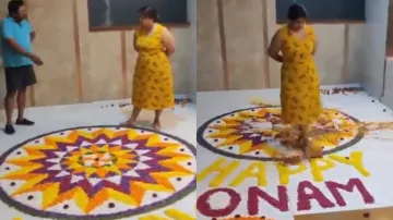 viral video, trending, trending news, woman destroys Onam Pookalam, Bengaluru, viral videos, trendin