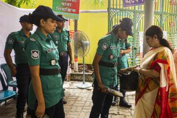 Security check during Durga Puja celebrations in Bangladesh