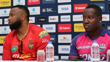 Kieron Pollard (TKR) and Rovman Powell (Barbados Royals) ahead of the CPL 2024 playoffs