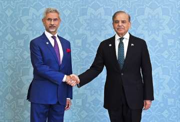 S Jaishankar while shaking hands with Pakistan PM