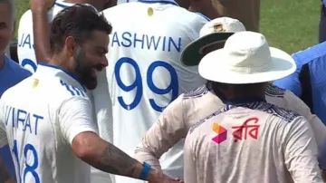 Virat Kohli meets Shakib Al Hasan after the Kanpur Test.