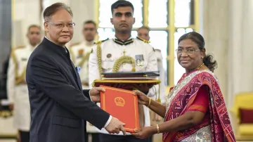 Chinese ambassador to India Xu Feihong with President Droupadi Murmu.