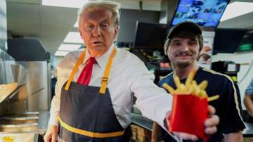 Donald Trump prepares french fries at McDonald's