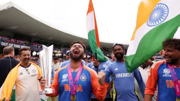 Rishabh Pant with the T20 World Cup trophy.