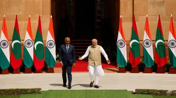 Maldives' President Mohamed Muizzu meets with Prime Minister Narendra Modi at Hyderabad House.