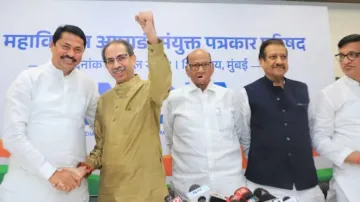 Shiv Sena (UBT) chief Uddhav Thackeray (Second from the Left), Maharashtra Congress President Nana Patole (Left) and NCP chief Sharad Pawar (Centre) during a Maha Vikas Aghadi (MVA) press conference in Mumbai.