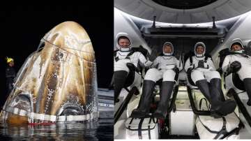 Support teams work around the SpaceX Dragon Endeavour spacecraft shortly after it landed, in the Gul