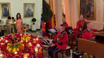 Gita Gopinath (L) at White House Diwali reception and the US military band playing Indian Bhajans (R