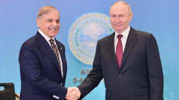 Pakistan Prime Minister Shehbaz Sharif shakes hand with Russian President Vladimir Putin on the side