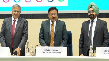 Chief Election Commissioner Rajiv Kumar with Election Commissioners Gyanesh Kumar and Sukhbir Singh Sandhu