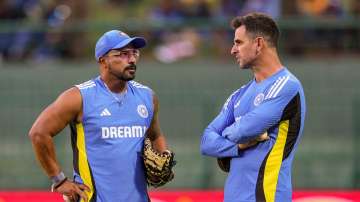 India's fielding coach T Dilip in conversation with assistant coach Ryan Ten Doeschate.